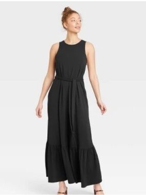A New Dat Black Sleeveless Maxi Dress with Waist Tie and pockets